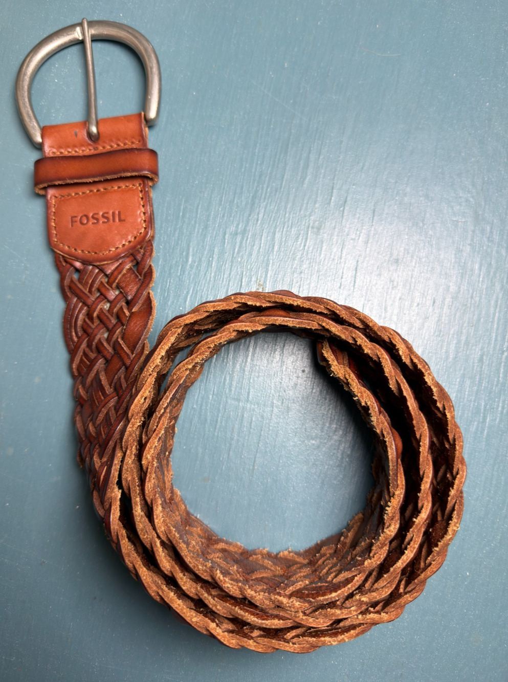 Fossil Brown Braided Genuine Leather Belt Size M Woven Antique Silver Buckle